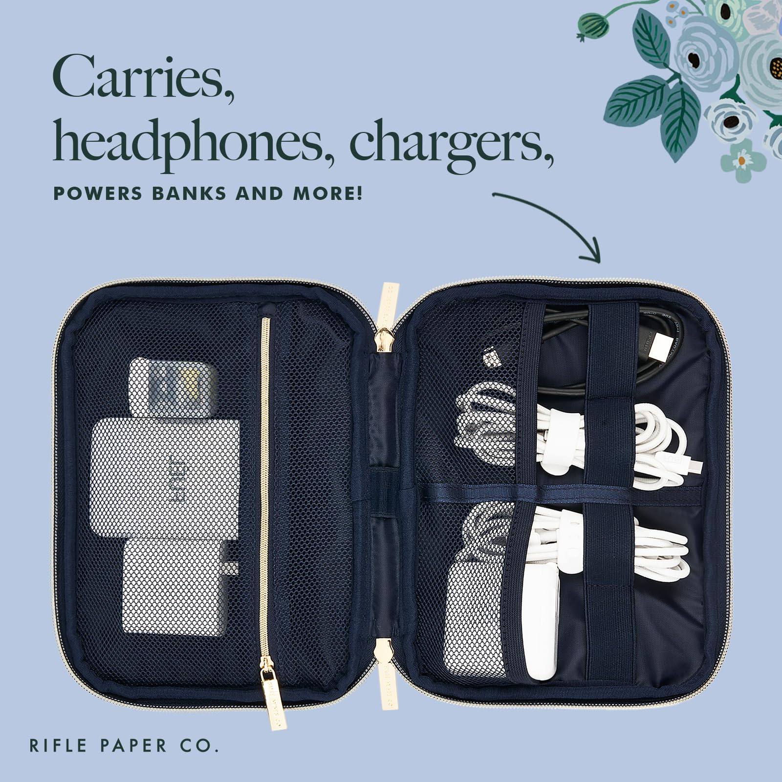 Rifle Paper Co. Electronic Organizer Travel Case - Portable Tech Pouch w/Multiple Storage Mesh Pockets for Cable, Cord, Charger, Power Bank, AirPods - Airplane Travel Essentials Bag -Garden Party Blue