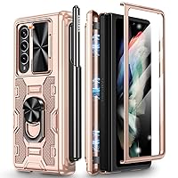 Caka for Galaxy Z Fold 3 Case, Z Fold 3 Case with S Pen Holder & Hinge Protection, Camera Cover & Kickstand with Built-in 360°Rotate Ring Stand Magnetic Protective Case for Samsung Z Fold 3 -Rose Gold