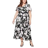 S.L. Fashions Women's Plus Size Short Sleeve Tiered Skirt Long Maxi Surplice Neckline, Wedding Guest, Special Occasion Dress
