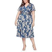 S.L. Fashions Women's Plus Size Tea Length Ruched Waist Boudre Tier Dress