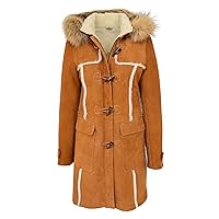 Womens Genuine Sheepskin Cognac Duffle Coat 3/4 Long Hooded Shearling Jacket Evie