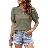 Womens Short Puff Sleeve Shirt Casual Crewneck Waffle Knit Top Loose Fitted