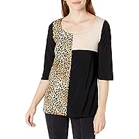 Star Vixen Women's 3/4 Sleeve Scoop Neck Tri Colorblock Tunic-Length Ity Knit Top with Leopard Inset
