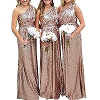 Women's One Shoulder Sequined Long Bridesmaid Dresses Pleat Wedding Party Gown
