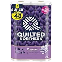 QUILTED NORTHERN ULTRA PLUSH TOILET PAPER, 8 SUPER MEGA ROLLS = 48 REGULAR ROLLS, 3X MORE ABSORBENT*, LUXURIOUSLY SOFT TOILET TISSUE, SEPTIC-SAFE