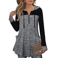 Vivilli Long Sleeve Tunic Tops for Women,Junior Loose Fitted Vneck Patchwork Pullover Hoodie Ladies Dressy Flowy Hooded Tunics Tops for Leggings Tunic Length Sweatshirts with Pockets Multi Black Large