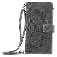 Wallet Case Compatible with OnePlus 11 5G, Totem Flower PU Leather Zipper Pocket Magnetic 8 Card Slots with Crossbody Lanyard (Grey)