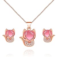 Uloveido Cute Cat Shape Pink CrystaL Studs Earrings and Pendant Necklace for Teen Girls Y404