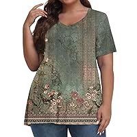 Party Tops for Women 2024 Plus Size Womens T Shirts Womens Short Sleeve Tops Funny Cute Print V-Neck Petite Shirts Loose Fit Spring Fashion Tunic Blouses 03-Dark Green 5X-Large