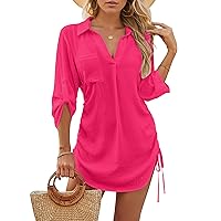 Womens Swimsuit Coverup Swimwear Beach Cover ups Bathing Suit Cover up Drawstring Shirt Dresses 2024
