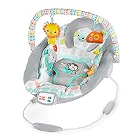 Bright Starts Comfy Baby Bouncer Soothing Vibrations Infant Seat - Taggies, Music, Removable -Toy Bar, 0-6 Months Up to 20 lbs (Whimsical Wild)
