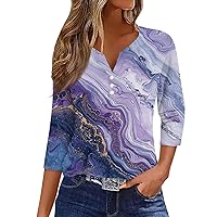 Women's 3/4 Sleeve Tops V Neck Solid Color Shirt Casual Trend T-Shirt Summer Loose Fit Workwear Blouse