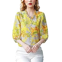 LAI MENG FIVE CATS Women's Casual Floral Print Puff Sleeve Button up Loose Blouses Top