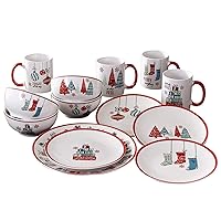 Holiday Christmas Round Dinnerware Set – 16-Piece Stoneware Party Collection w/ 4 Dinner Salad Plates, 4 Bowls & 4 Mugs – Unique Gift Idea, 10.5