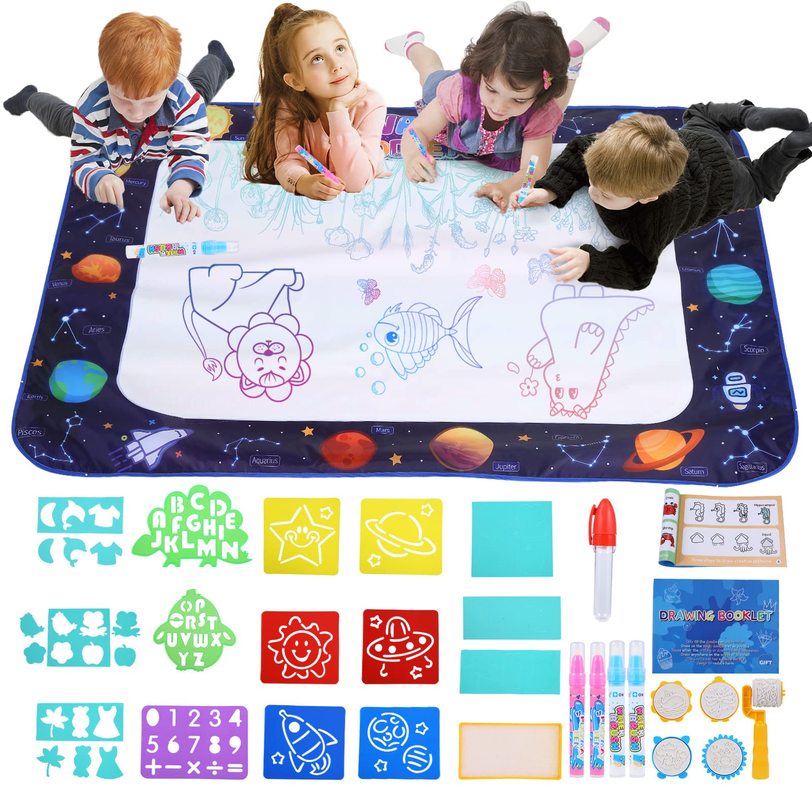 Water Doodle Mat - 60 x 45 Inches Extra Large Aqua Magic Doodle Drawing Mat, Educational Toys Gifts for Kids Toddlers Age 2 3 4 5 6 7 8 Year Old Boys Girls, Planets and Space Theme
