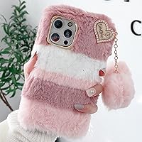 Girly Faux Fur Phone Case with 2PCS Glass Screen Protector,Cute Love Heart Ball Pendant Soft Fluffy Furry Shockproof Protective Phone Cover (Pink & White,for Samsung Galaxy A03S)