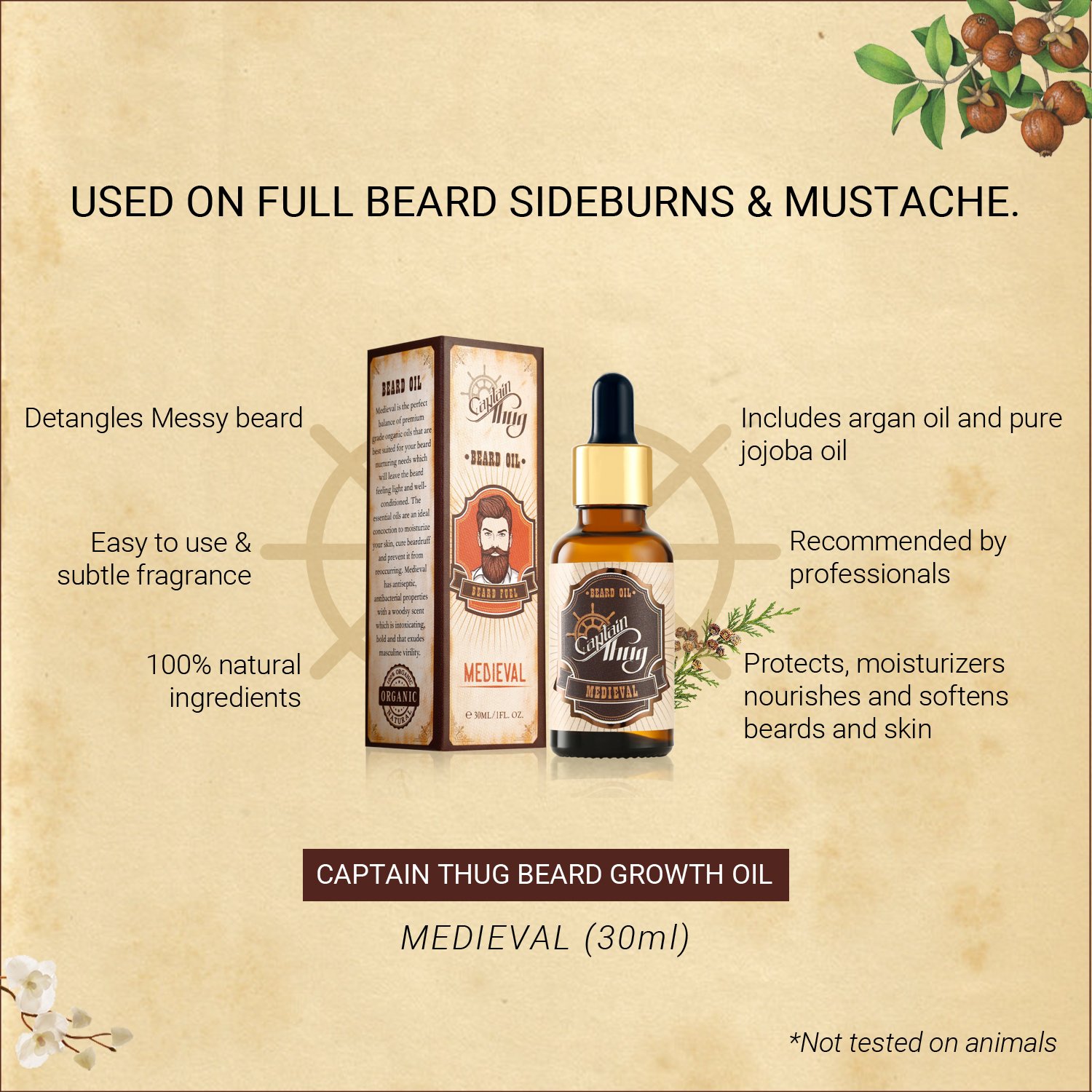 Captain Thug Medieval Beard Oil Conditioner – Ultra Premium Ayurveda – 9 Essential Oils – Softens, Smooths & Strengthens Beard Growth – Grooming Beard and Mustache Nourishment Treatment – 1 fl. oz.