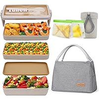 Bento Box Adult Lunch Box with Bag - Wheat Straw, Japanese Bento-Style Design Includes 3 Stackable Lunch Containers for Kids, Built-in Utensil Set, Lunch Bag, Soup Cup, and Snack bags