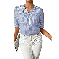 Women's Tops Women's Shirts Striped Print Half Button Front Pocket Patched Blouse Women's Tops Shirts for Women