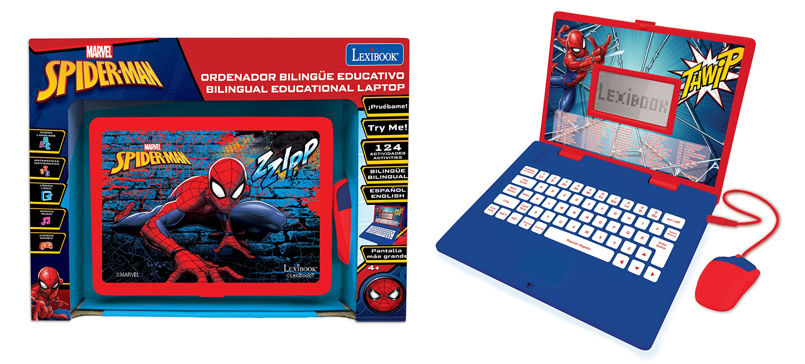 LEXiBOOK Spider-Man - Educational and Bilingual Laptop Spanish/English - Toy for Child Kid (Boys & Girls) 124 Activities, Learn Play Games and Music with Spiderman - Red/Blue JC598SPi2