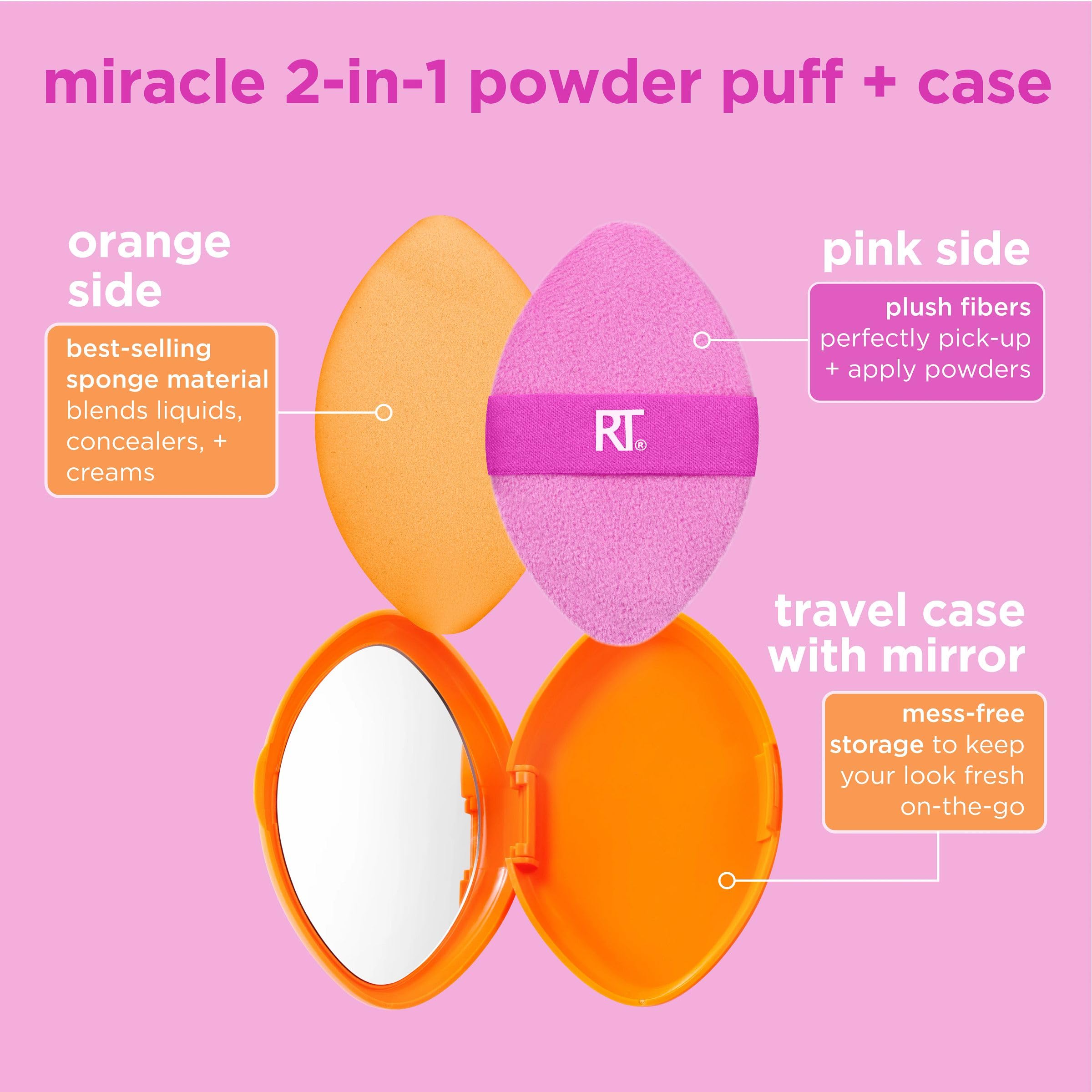 Real Techniques Miracle 2-In-1 Powder Puff + Travel Case, Dual-Sided Makeup Blending Puff, Elastic Band, Precision Makeup Sponge & Powder Puff, For Liquid, Cream & Powders, Travel Case, 2 Count