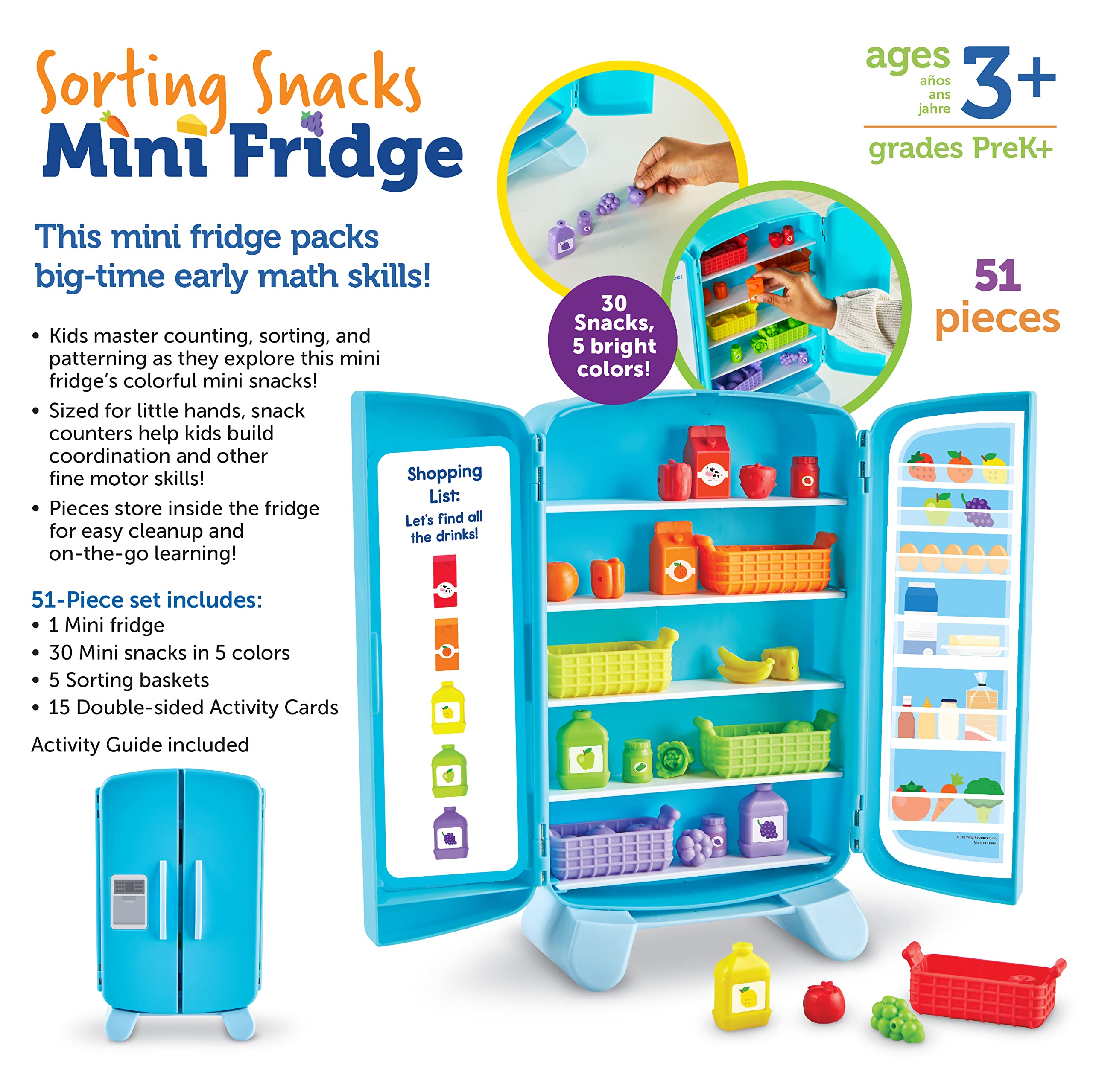 Learning Resources Sorting Snacks Mini Fridge ,51 Pieces, Ages 3+, Toddler Toys, Educational Toys, Snack Toys,Plastic Food Toys,Kids Kitchen Accessories