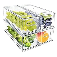 MANO 4Pack Stackable Fridge Organizer Drawers Pull Out Bins Clear Refrigerator Drawer Storage Box Divided Produce Saver Containers for Veggie Fruit Pantry Cabinet Makeup Clothes