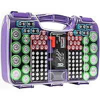 THE BATTERY ORGANISER Battery Storage Organizer, Storage Case with Tester, Clear Battery Case, Battery Holder for 180 Batteries of Various Sizes, Purple