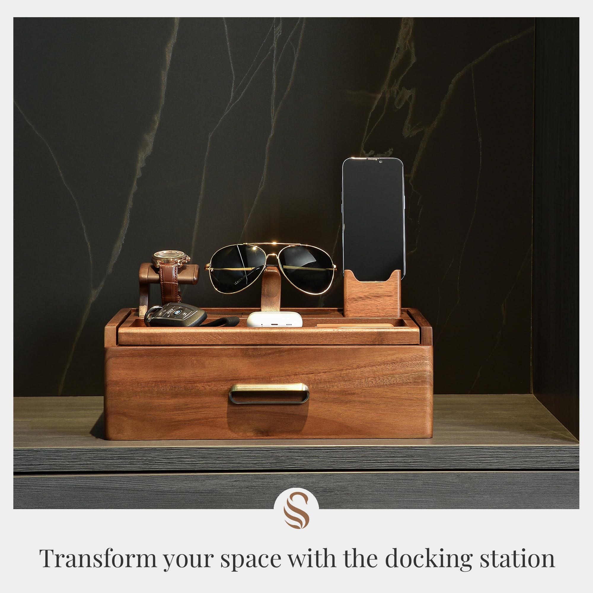 Docking Station Organizer - Wood Drawer Watch Box with Removable EDC Tray, Sunglasses Holder, Phone and Watch Stand