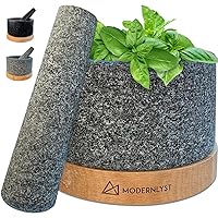 Unpolished Mortar and Pestle Set Large | 100% Heavy Duty Granite | Molcajete Mexicano | 2 Cup Capacity | Durable Wood Base | Grinder Pestle and Stone Grinding Bowl