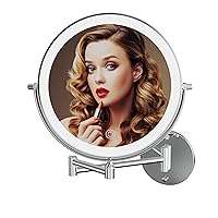 Rechargeable Wall Mounted Lighted Makeup Vanity Mirror 9 Inch Double Sided 1X 10X Magnifying Bathroom Mirror, 3 Color Lighting, Touch Screen Dimming, 360 Rotation Shaving Mirror Chrome