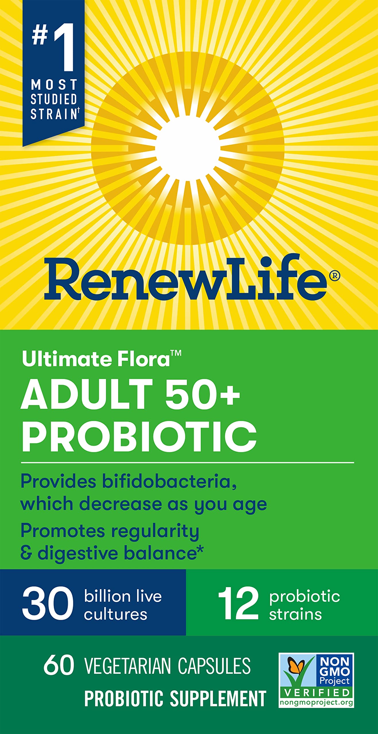 Renew Life Adult Probiotics 50+, 30 Billion CFU Guaranteed, Probiotic Supplement for Digestive & Immune Health, Shelf Stable, Gluten Free, Extra Care, For Men & Women, 60 Capsules