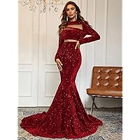 Womens Fall Fashion 2022 Mock Neck Mesh Panel Sequin Prom Dress (Color : Burgundy, Size : Small)