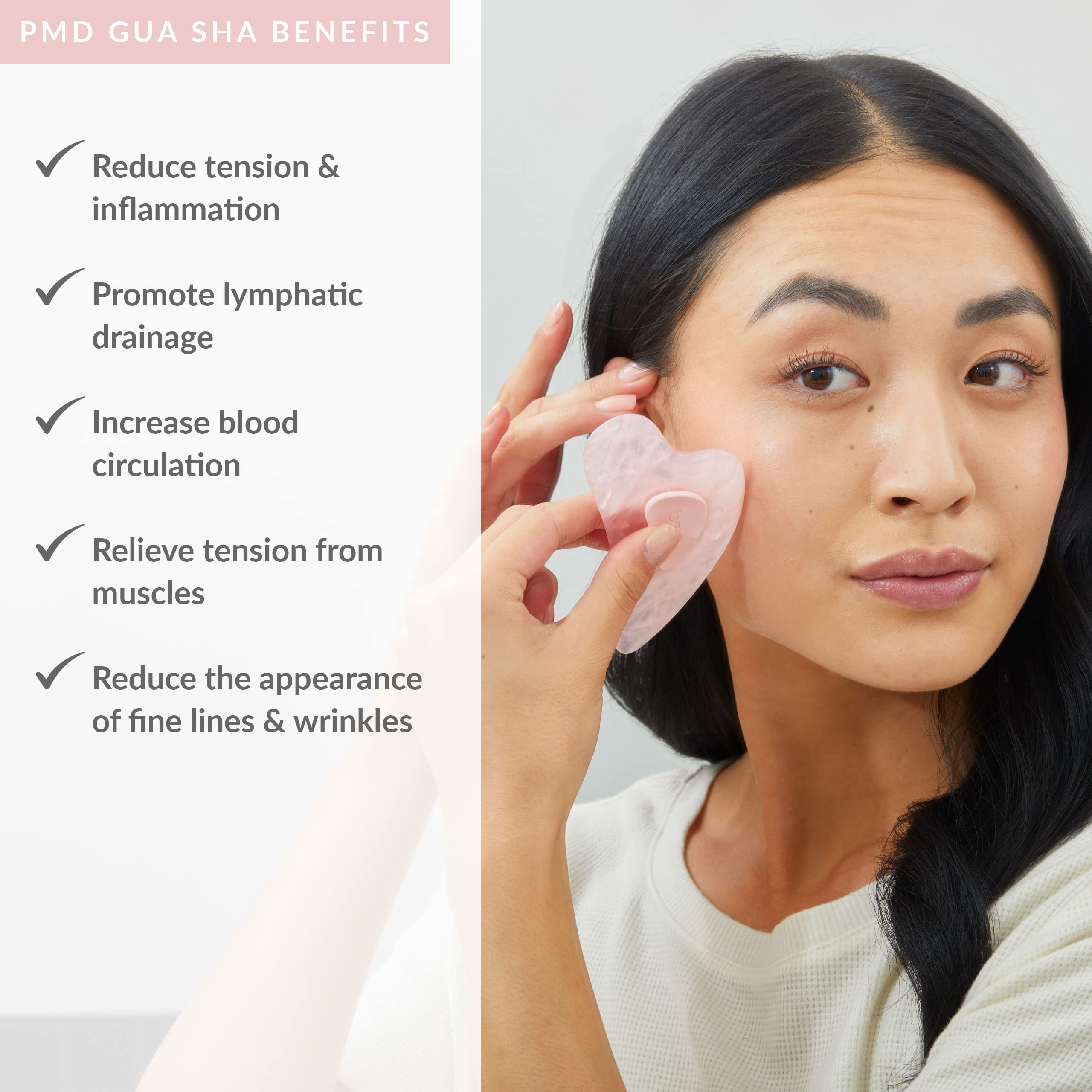 PMD Gua Sha - Massaging, Sculpting, and Depuffing Tool - Custom Design with Genuine Rose Quartz Stone and Silicone Grip - Reduce Tension & Inflammation