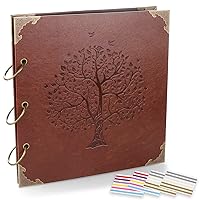 Photo Album DIY Scrapbook (10x10 inch 50 Pages Double Sided), Vintage Leather Cover Three-Ring Binder Family Picture Booth with 9 Color 408pcs Self Adhesive Photos Corners for Memory Keep, Tree