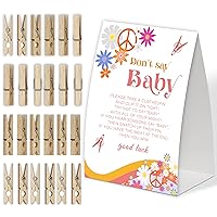 Retro Groovy Don't Say Baby Game for Baby Shower, Pack of One 5x7 Sign and 50 Mini Natural Clothespins, Boho Floral Daisy Baby Shower Decoration, Gender Neutral Party Supplies - SC07