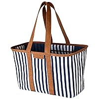 CleverMade Collapsible LUXE Tote, Navy Striped - 30L (8 Gal) Structured Tote Bag with Handles and Reinforced Bottom - Reusable Grocery Bag, Shopping Bag, Utility Tote Bag