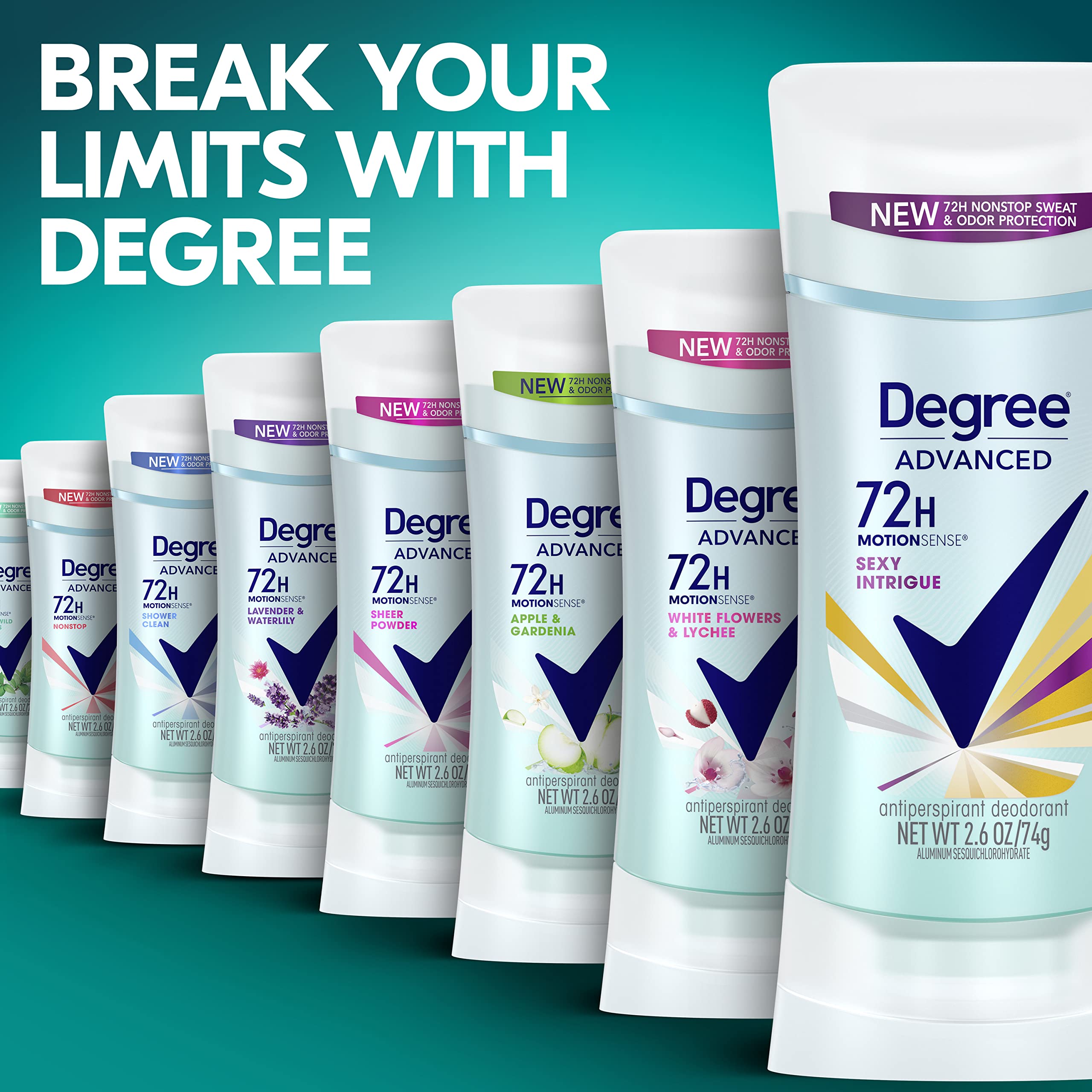 Degree Advanced MotionSense Antiperspirant Deodorant 72-Hour Sweat And Odor Protection Sexy Intrigue Antiperspirant Deodorant For Women With MotionSense Technology, 2.6 Ounce (Pack of 4)