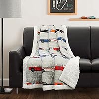 Lush Decor Cars Throw | Fuzzy Reversible Sherpa Blanket with Racing Print Design for Kids-60” x 50, Blue & Orange
