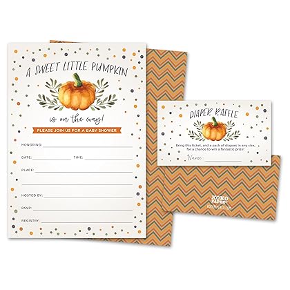 Sweet Little Pumpkin on The Way Rustic Fall Baby Shower Invitations and Diaper Raffle Tickets in Autumn Colors, Fall Leaves, Chevron Stripes. Set of 25 Fill in Style Cards, Envelopes, Raffle Tickets