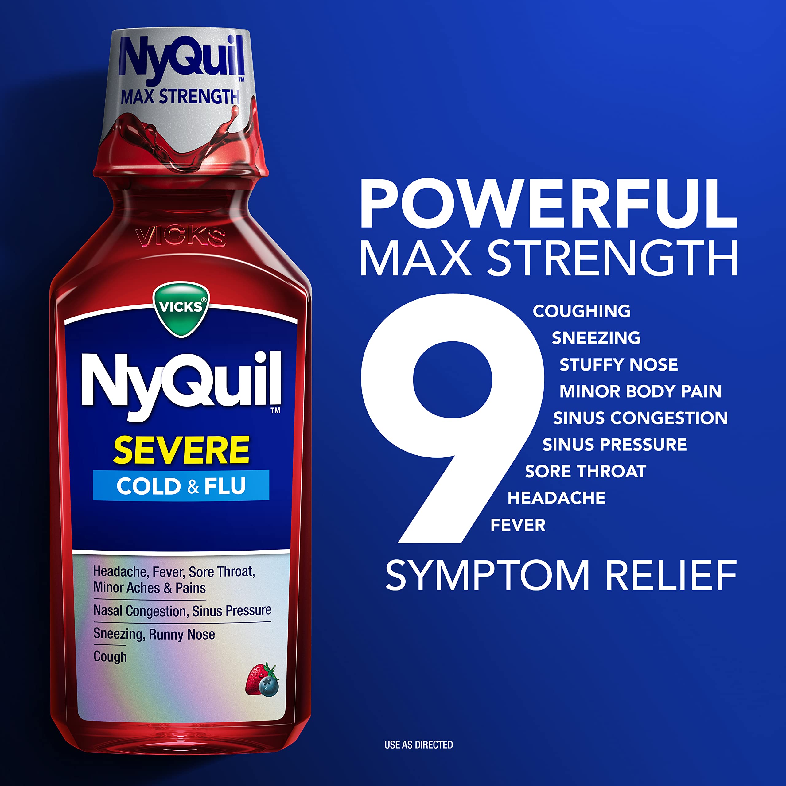 Vicks NyQuil SEVERE Cold & Flu Liquid Berry Flavored Medicine, Max Strength Nighttime Relief for Fever, Sore Throat, Minor Aches And Pains, Nasal Congestion, Sneezing, Cough, Twin Pack, 2 x 12 FL OZ