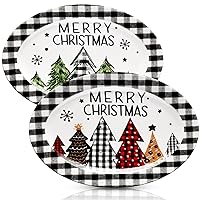 2 Pcs Christmas Tree Ceramic Oval Platter Black White Buffalo Plaid Decorative Plates Red Green Xmas Trees Plate Christmas Cookies Platter Watercolor Tree Serving Platter for Dinner Party