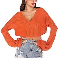 Women's V Neck Loose Knitted Sweater Long Sleeve Bat Sleeve Jumper Pullover Fashion Solid Color Ribbed Crop Top Sweater