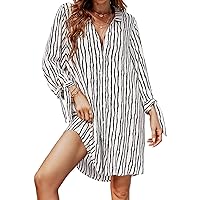 CUPSHE Women Floral Shirt Beach Cover Up Dress 3/4 Sleeve Cuff Tie Button Down Mini Summer Dresses Cover Ups Vacation