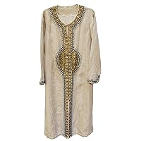 Cleo Heavy Embroidered Beaded Kaftan Style Linen Long Jacket Robe Natural Beige Turquoise