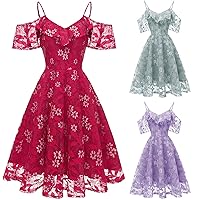 Womens Prom Dresses 2024 Sexy Off The Shoulder Floral Lace Formal Dress Ruffle Sleeve Knee Length Swing Mini Dress