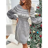 TLULY Sweater Dress for Women Chevron Pattern Bishop Sleeve Sweater Dress Sweater Dress for Women (Color : Gray, Size : Small)