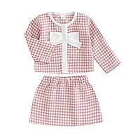 2PCS Toddler Baby Girls Long Sleeve Button Down Jacket + A-line Plaid Skirts Houndstooth Outfits Sets