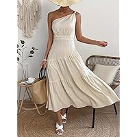 Dresses for Women - One Shoulder Ruffle Hem Belted Dress (Color : Apricot, Size : Medium)