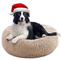 Calming Dog Bed for Medium Dogs, Anti Anxiety Donut Dog Bed, Round Dog Bed, Plush Faux Fur Dog Bed, Fluffy Dog Bed, Soft Fuzzy Pet Bed, Machine Washable, 27x27inch Khaki